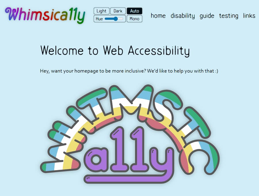 Screenshot of whimsica11y.net with the new logo prominently in the centre of the lannding page